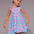 Girls' racerback dress in light blue with pink floral print, gathered shoulders