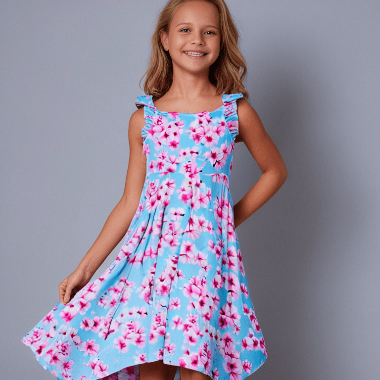 Girls' racerback dress in light blue with pink floral print, flared gathered skirt
