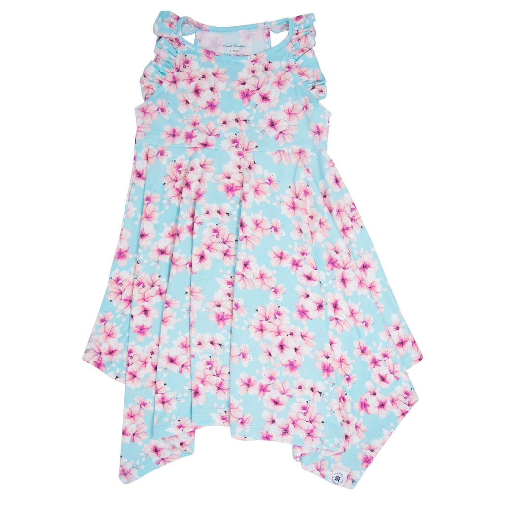Girls' racerback dress, light blue with pink cherry blossom print, high-low hem