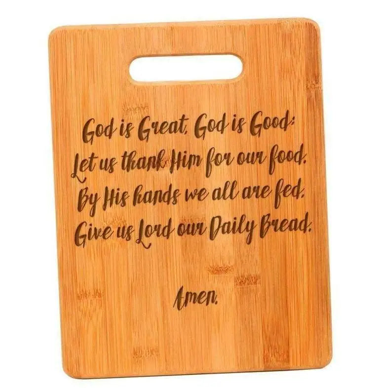 Bamboo prayer cutting board with handle, engraved God is Great God is Good verse