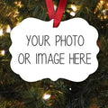 White cloud-shaped Christmas ornament with red ribbon, printed text: YOUR PHOTO OR IMAGE HERE