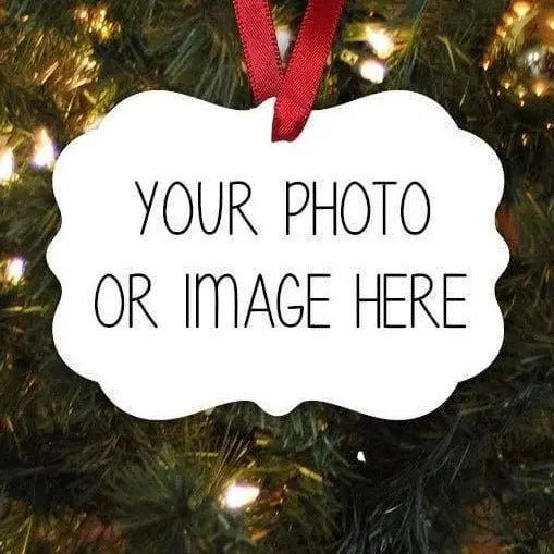 White cloud-shaped Christmas ornament with red ribbon, printed text: YOUR PHOTO OR IMAGE HERE