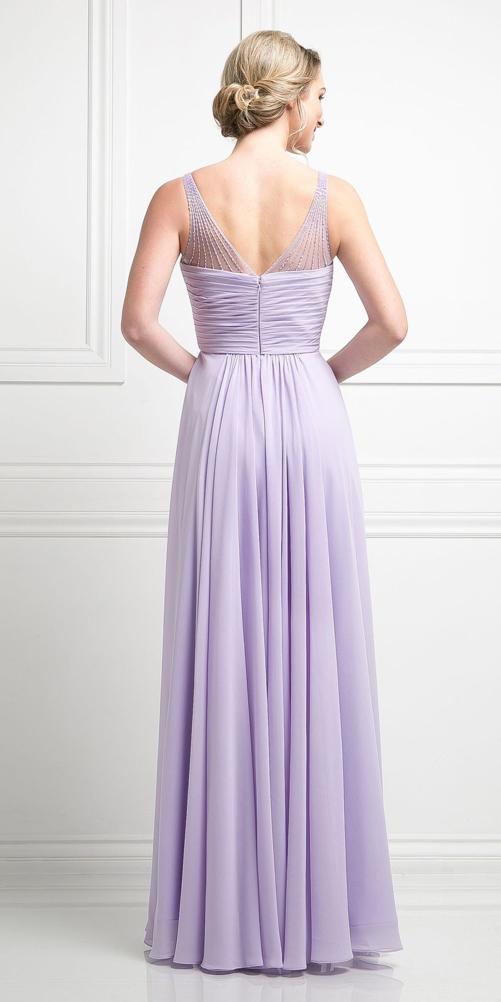Lavender chiffon long dress with ruched waist, open back, and pleated skirt