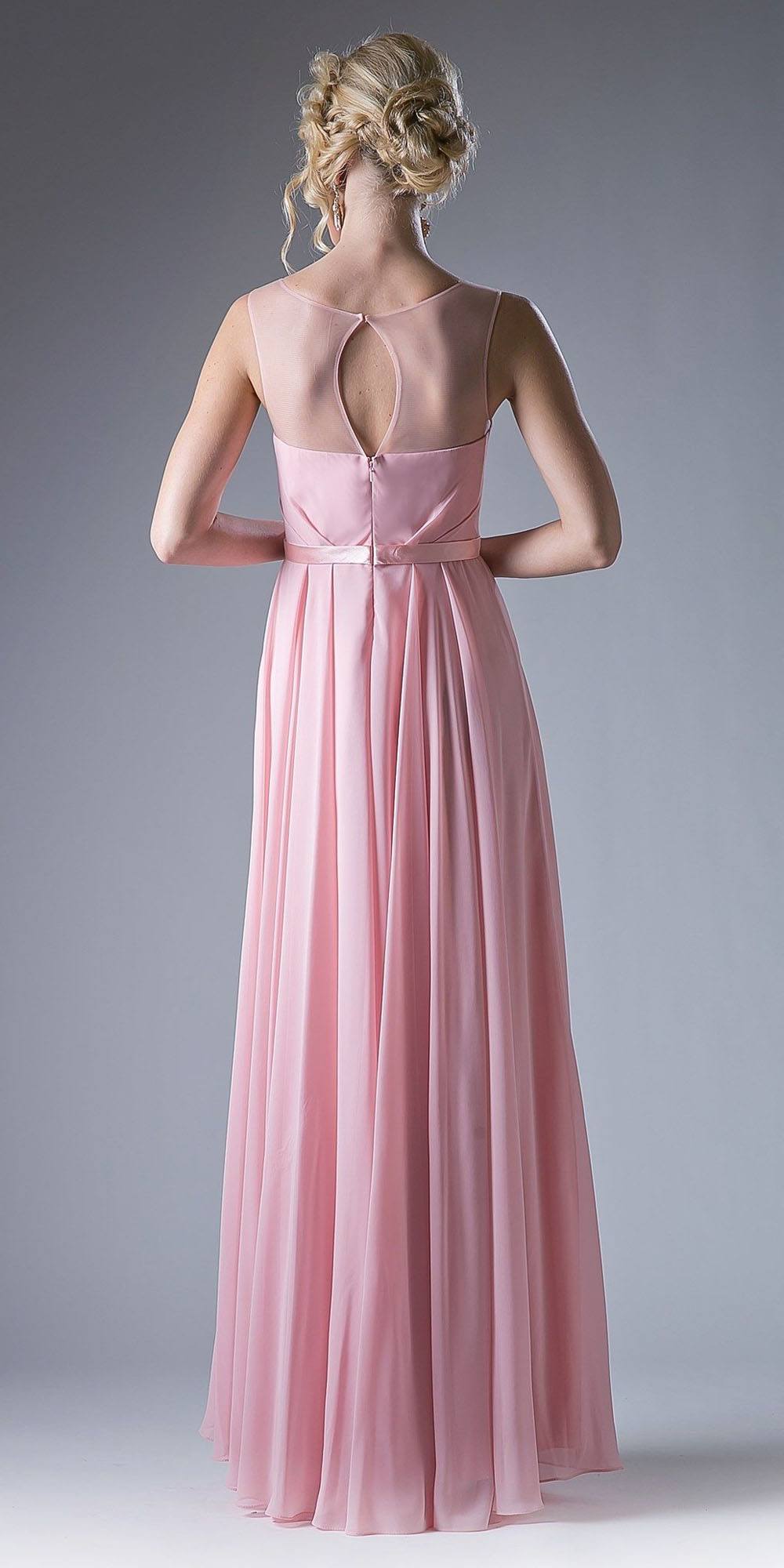 Pink A-line long dress with open back straps and satin waist belt