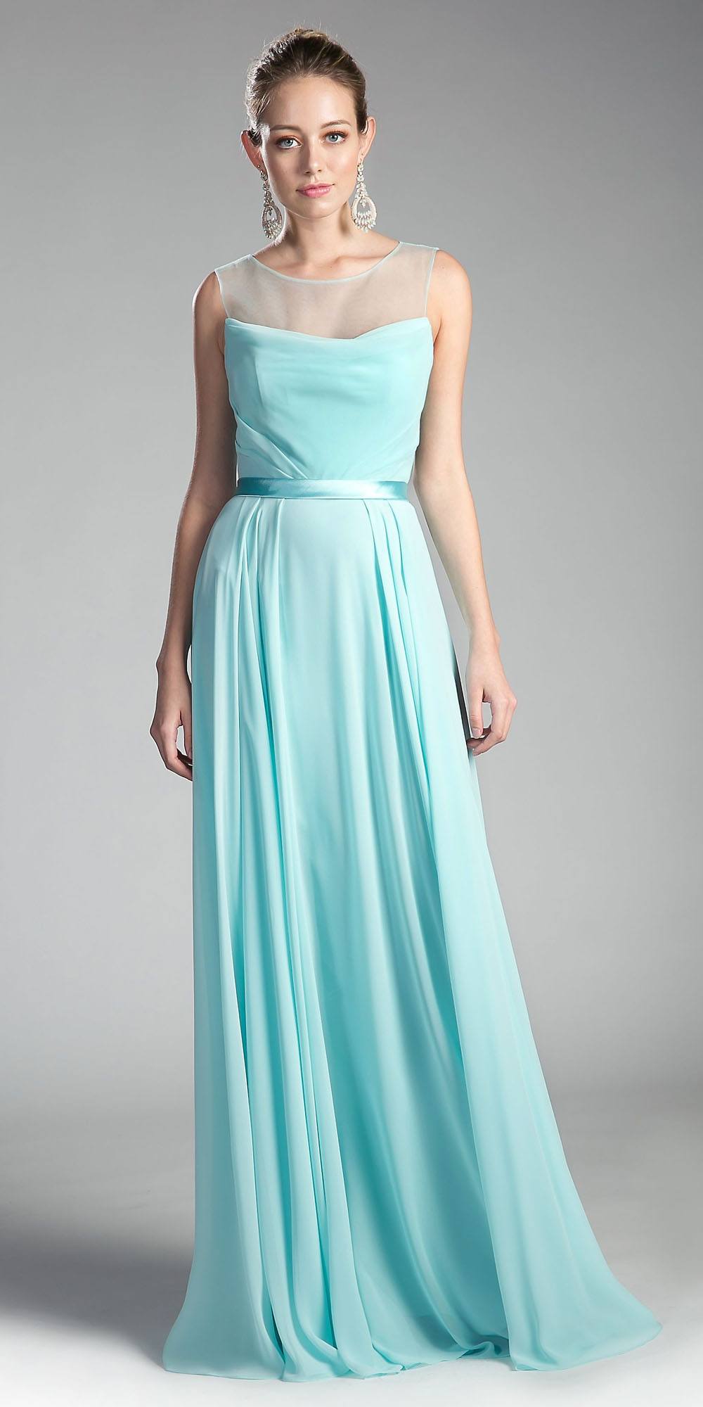 Mint cowl-neck A-line long dress with satin waistband and sleeveless bodice