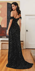 Black sequin off-shoulder fitted gown with high slit and floor-length skirt