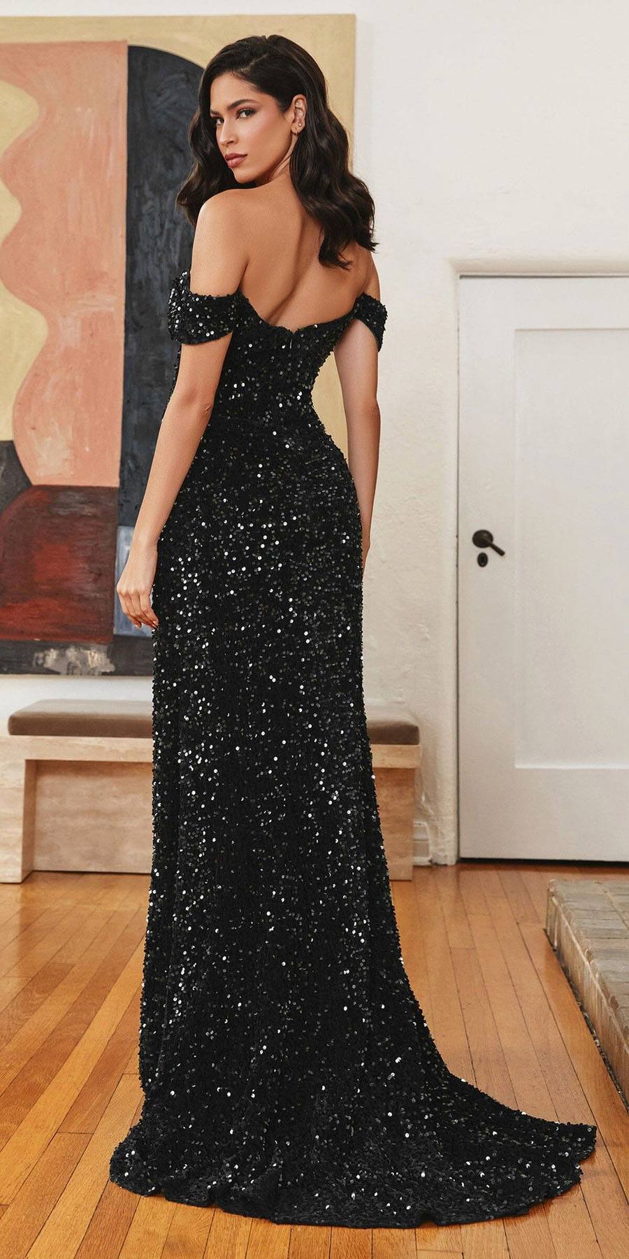 Black sequin off-shoulder fitted gown with high slit and floor-length skirt