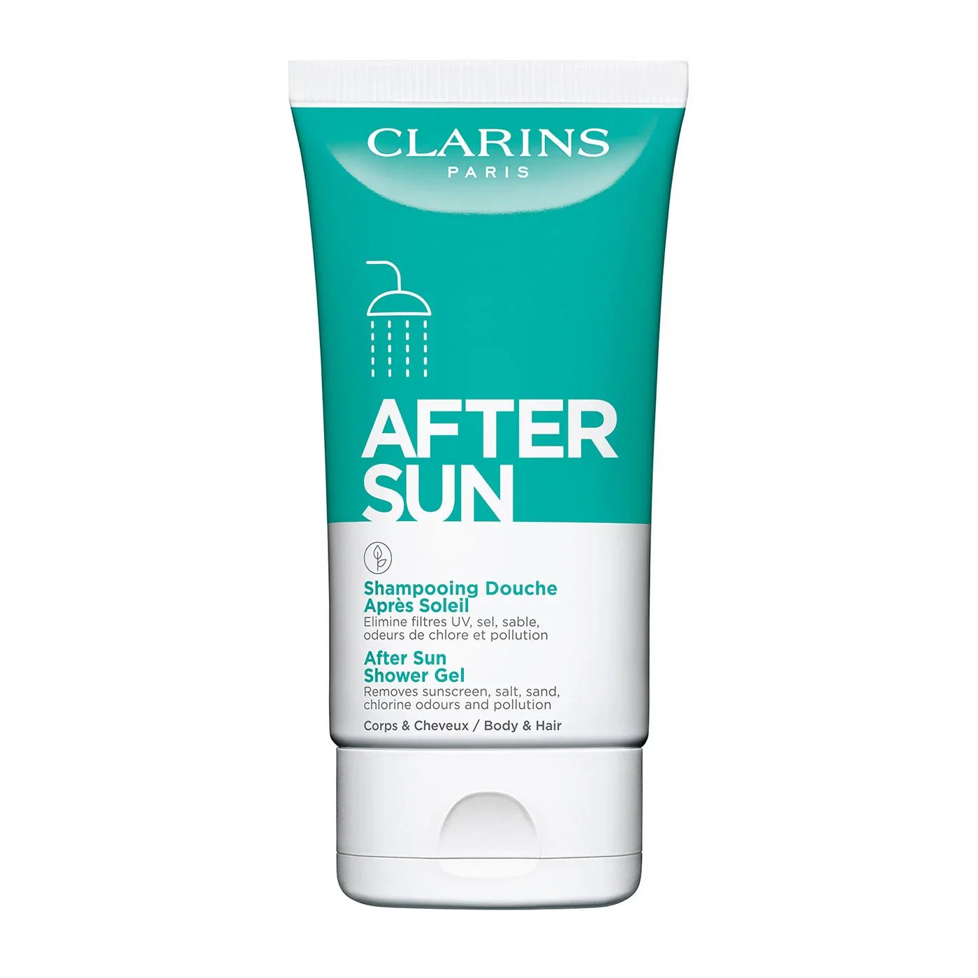 Clarins After Sun shower gel tube, teal and white, front label