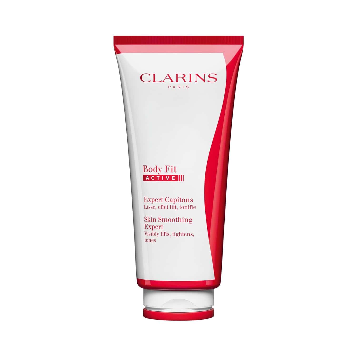 Clarins Body Fit Active skin smoothing expert tube, white with red accents