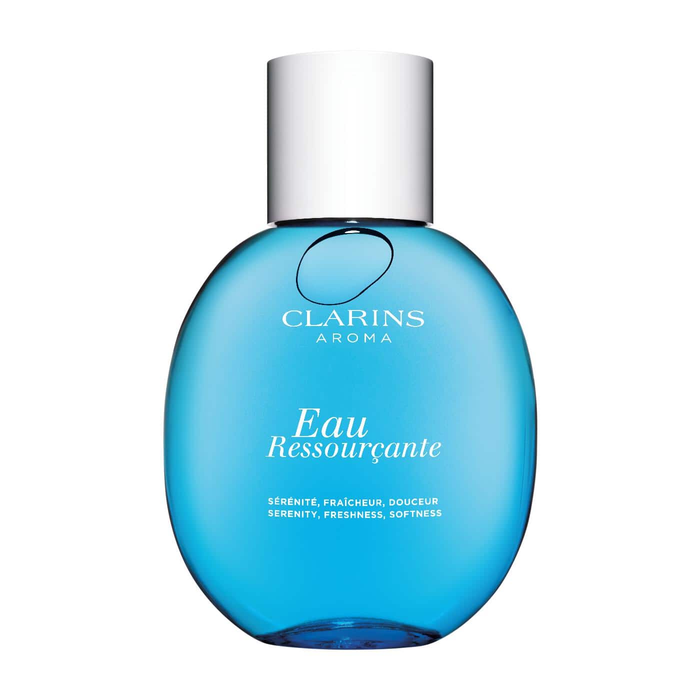 Clarins Eau Ressourçante fragrance spray bottle with white cap, turquoise glass