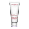 Clarins exfoliating body scrub tube, white squeeze tube with purple cap.
