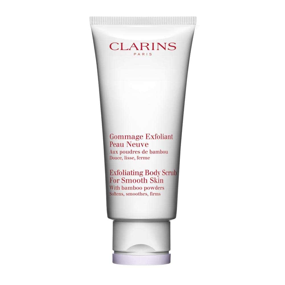 Clarins exfoliating body scrub tube, white squeeze tube with purple cap.