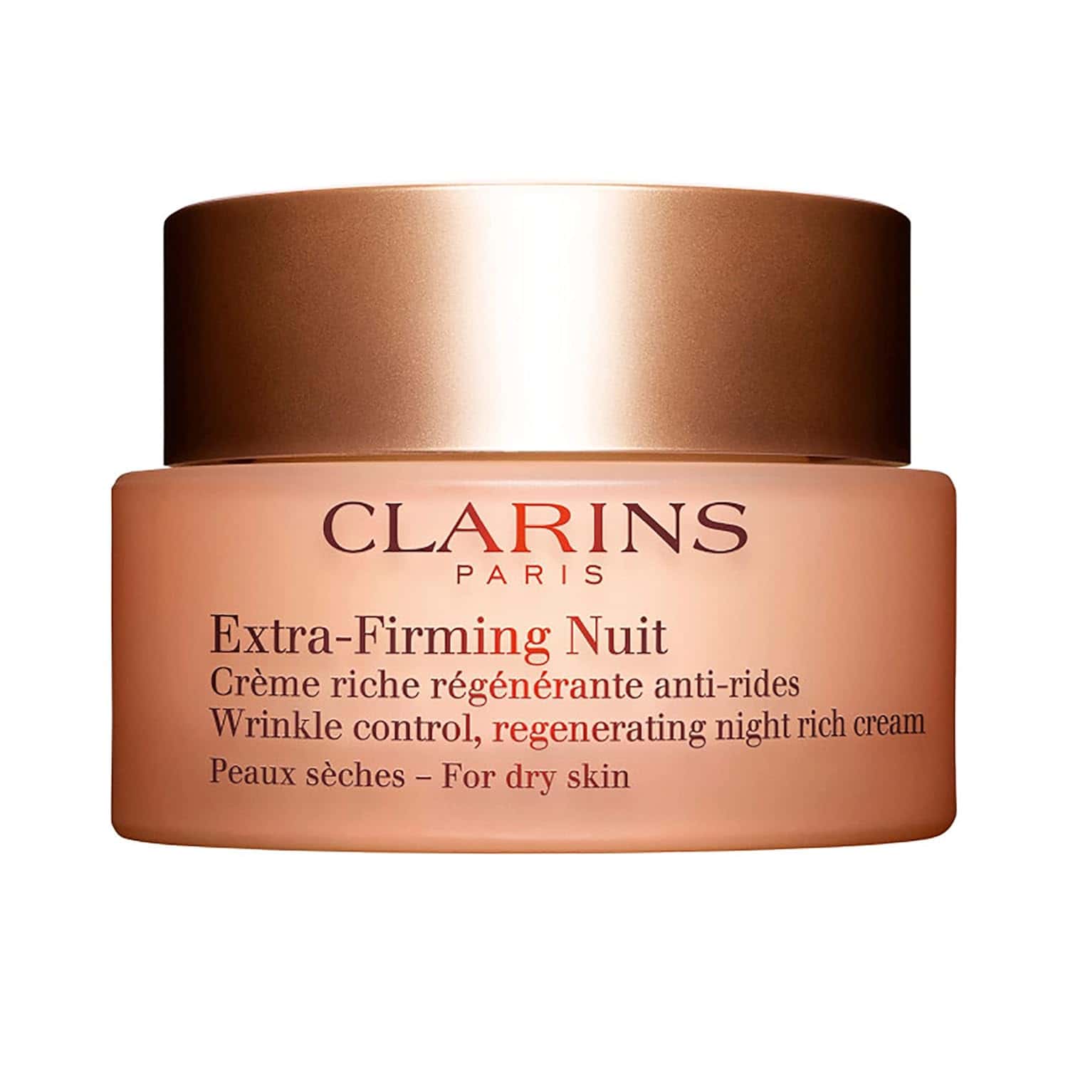 Clarins extra-firming night cream jar with brown lid and label, for dry skin