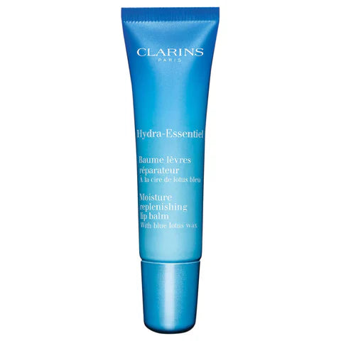 Clarins lip balm tube, blue squeeze container with CLARINS logo and label text