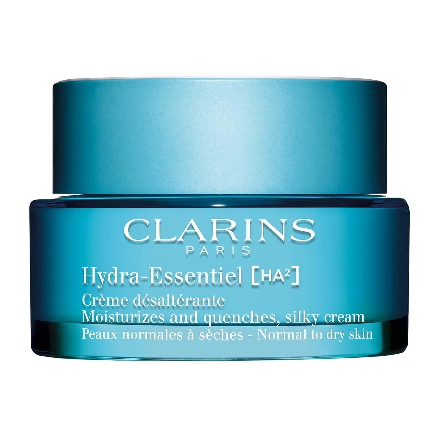 Clarins Hydra-Essentiel hyaluronic acid moisturizer jar, teal plastic container