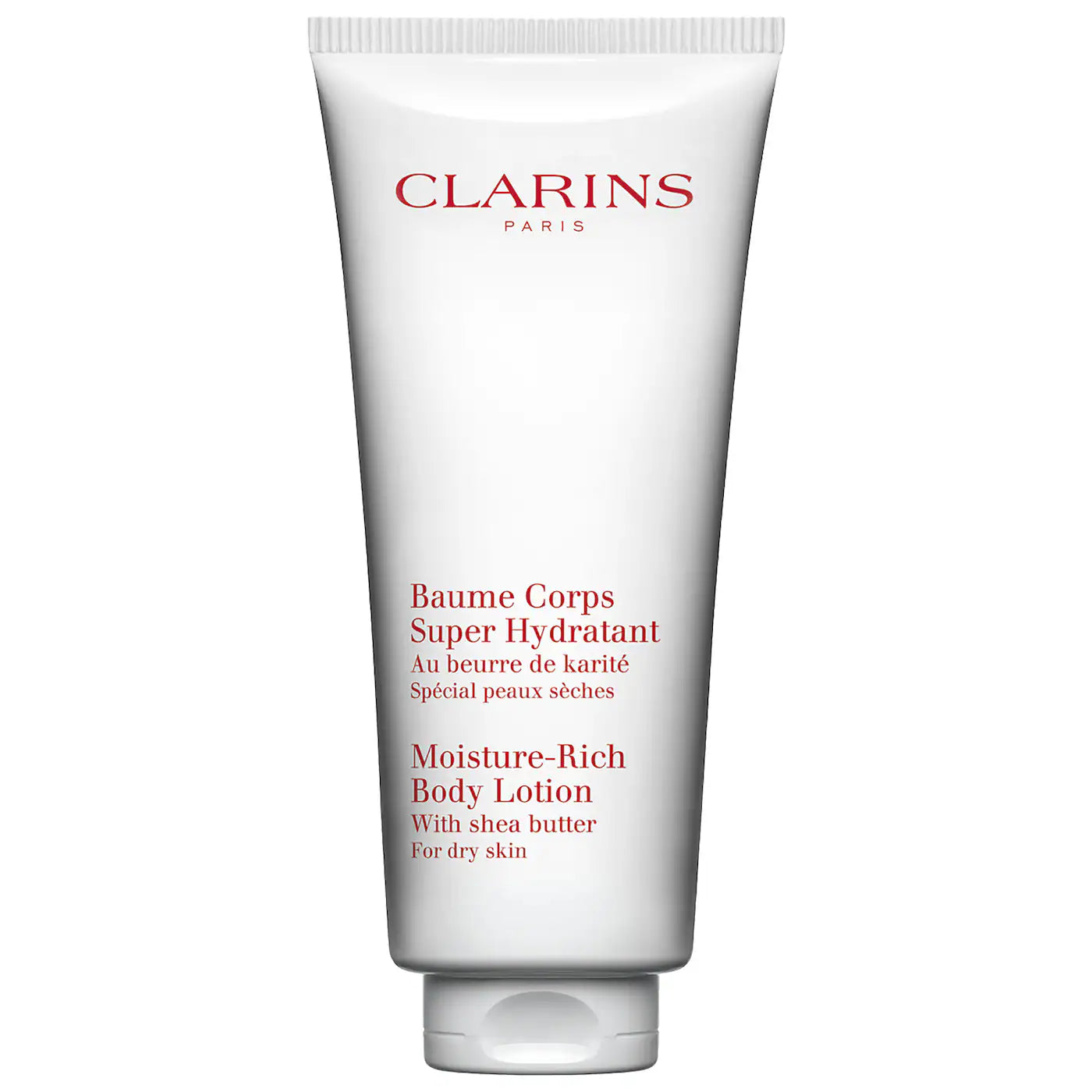 Clarins Moisture-Rich body lotion tube, white container with red label and small cap