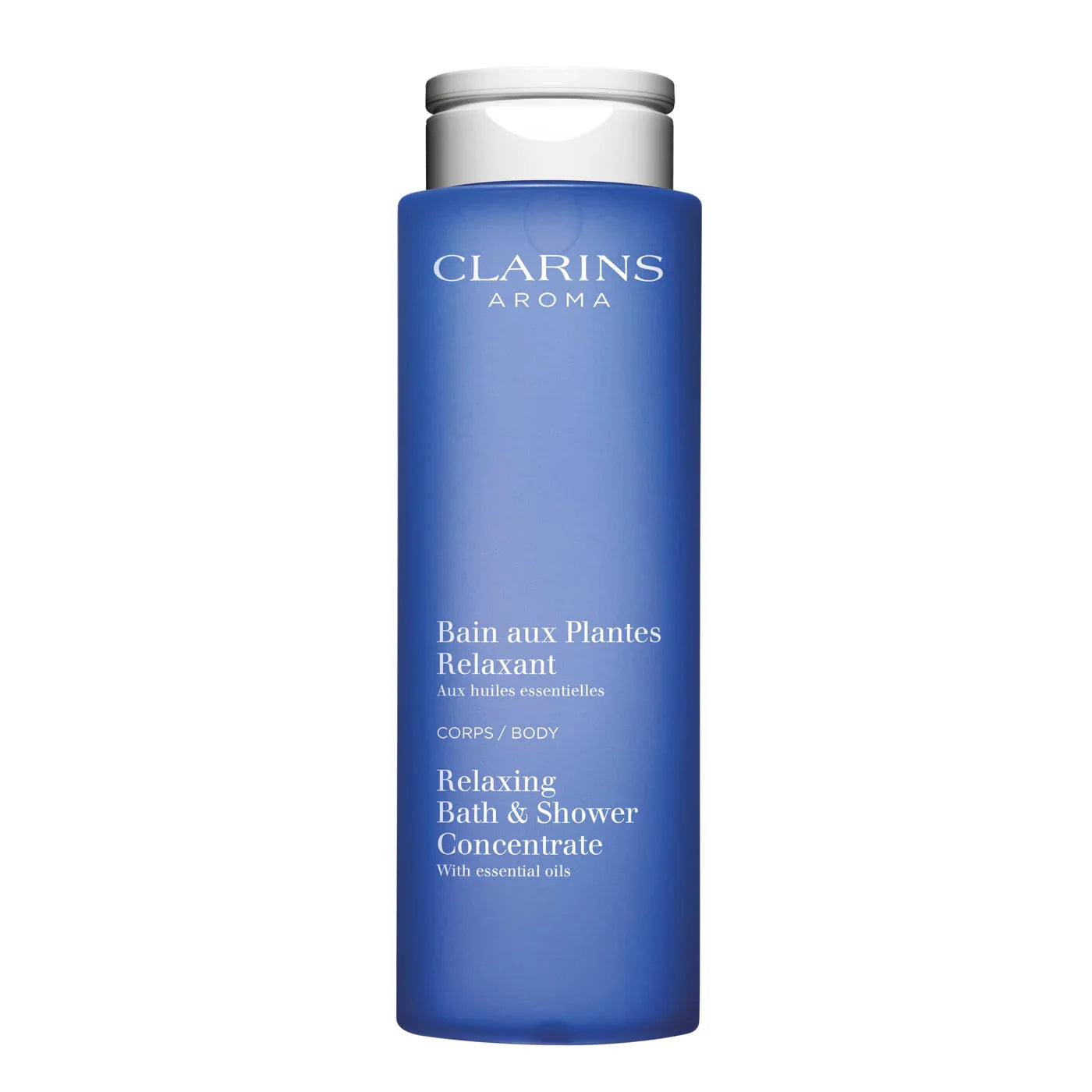 Clarins relaxing bath and shower concentrate bottle, blue with white cap