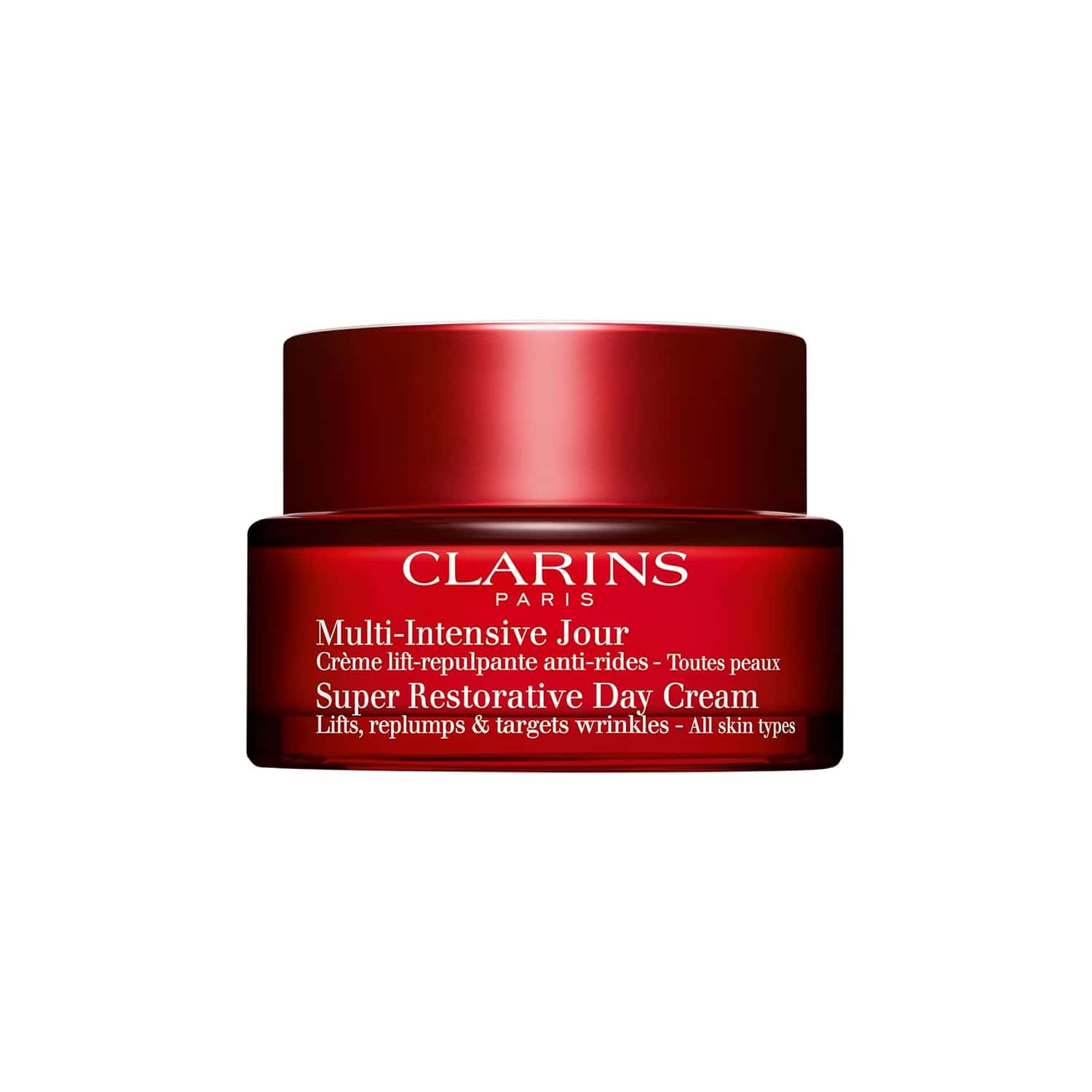 Clarins Super Restorative Day SPF 15 cream jar, red lid and body