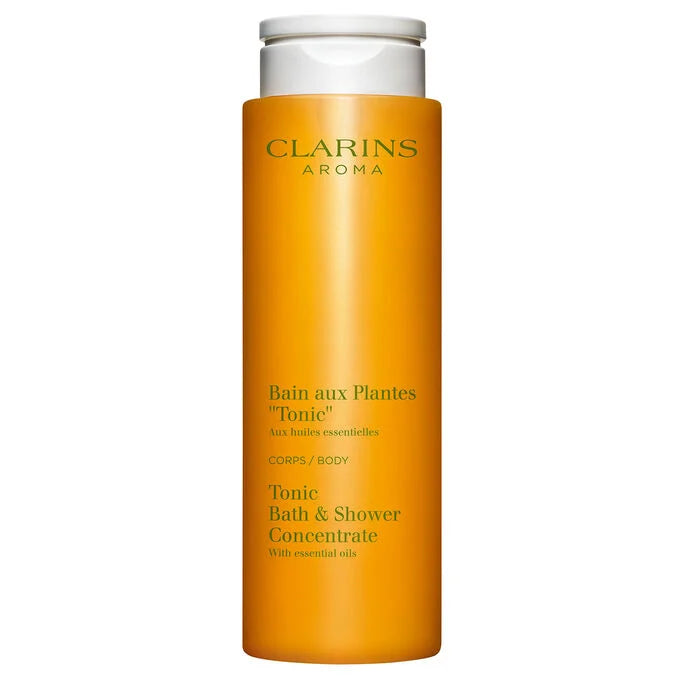 Bath and shower concentrate bottle, amber orange with white cap, Clarins
