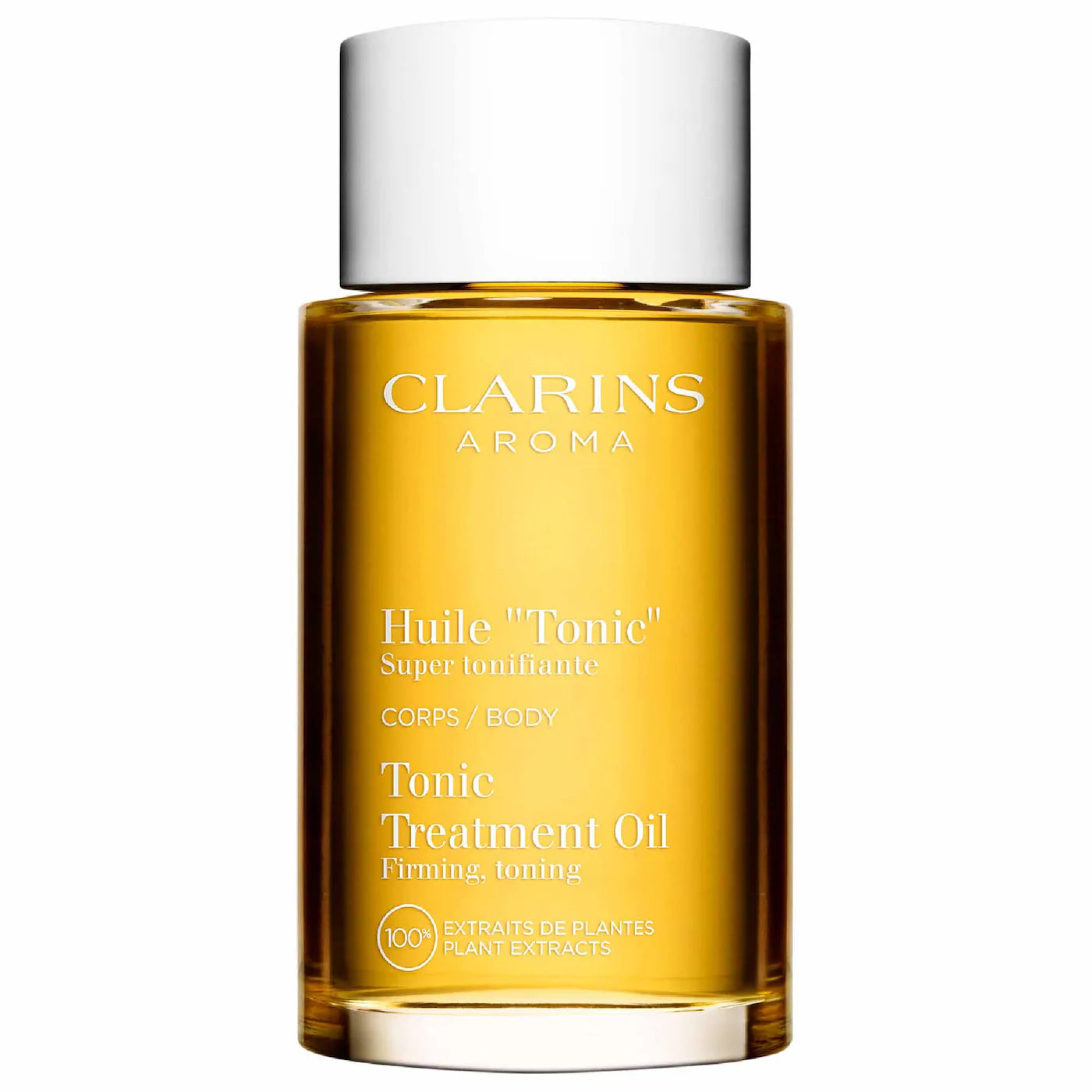 Clarins Tonic treatment oil bottle with amber glass and white cap