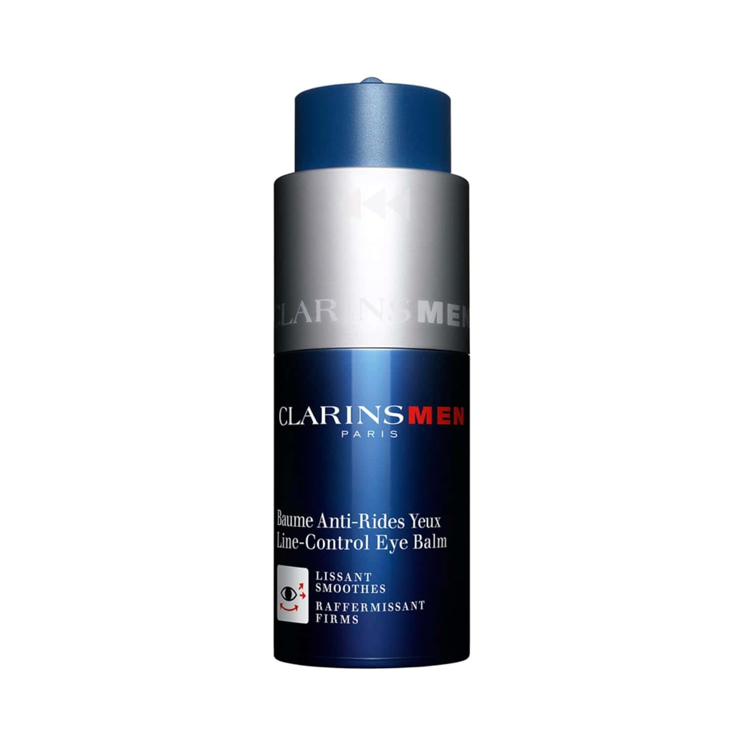 ClarinsMen line-control eye balm in cylindrical tube with blue cap and dark label