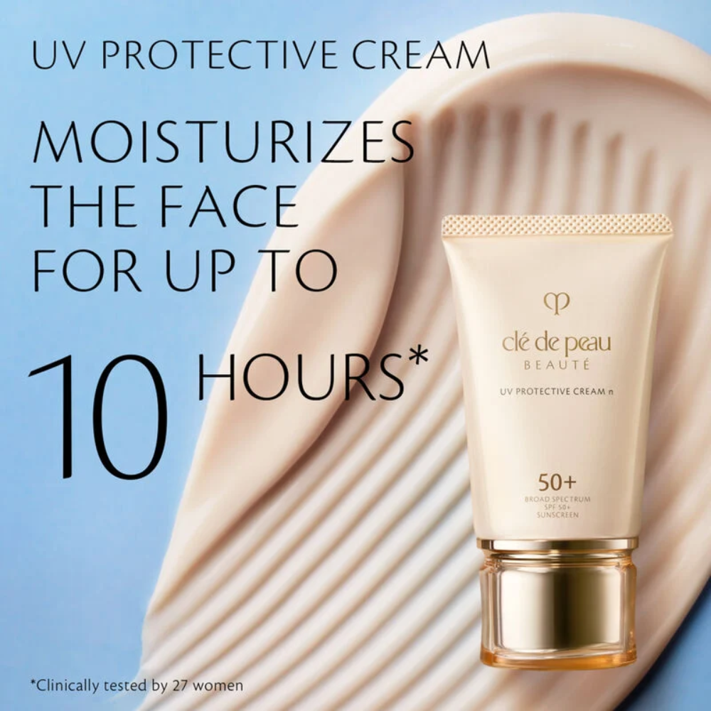 UV protective cream tube with gold base, beige squeeze tube, SPF 50+.