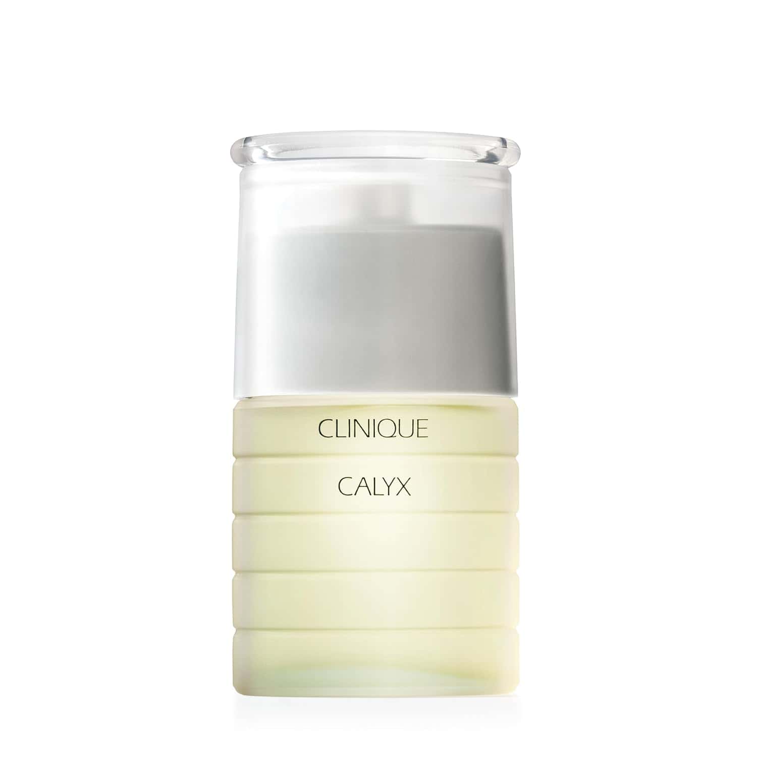 Clinique Calyx eau de parfum spray bottle with pale yellow label and clear cap