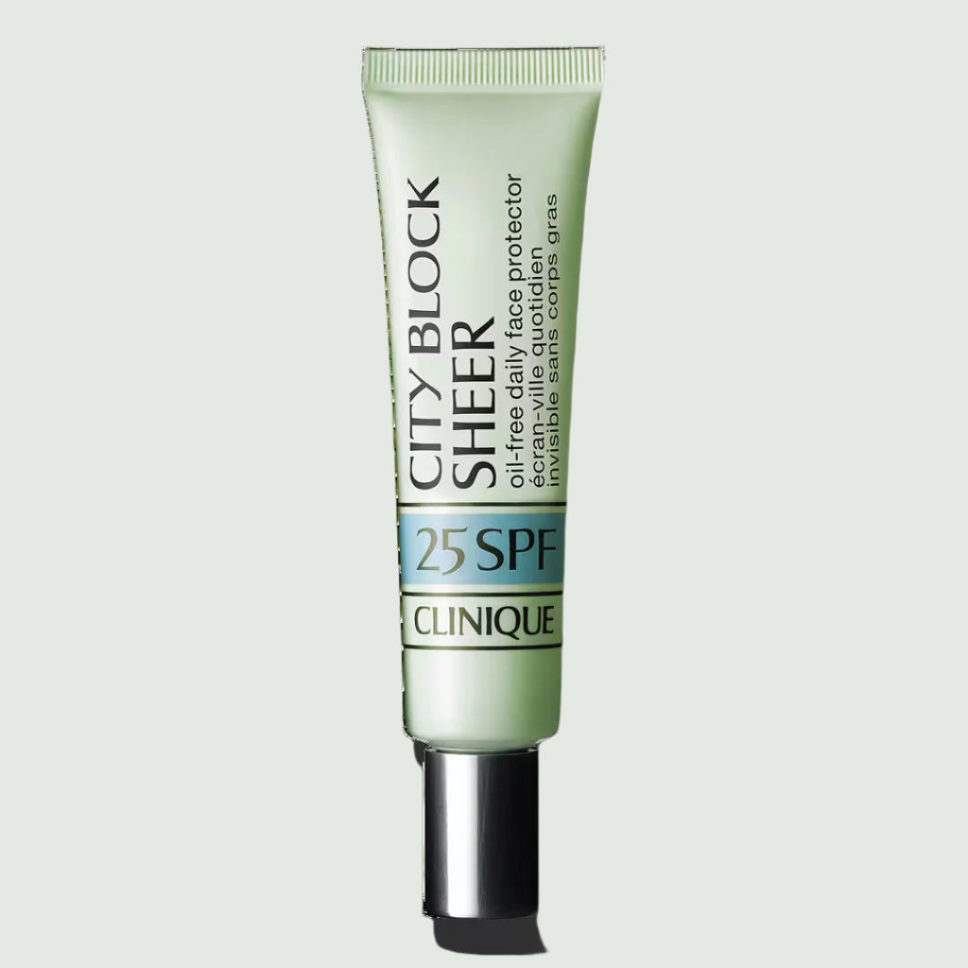 Face sunscreen tube with pale green label, Clinique City Block text, SPF 25