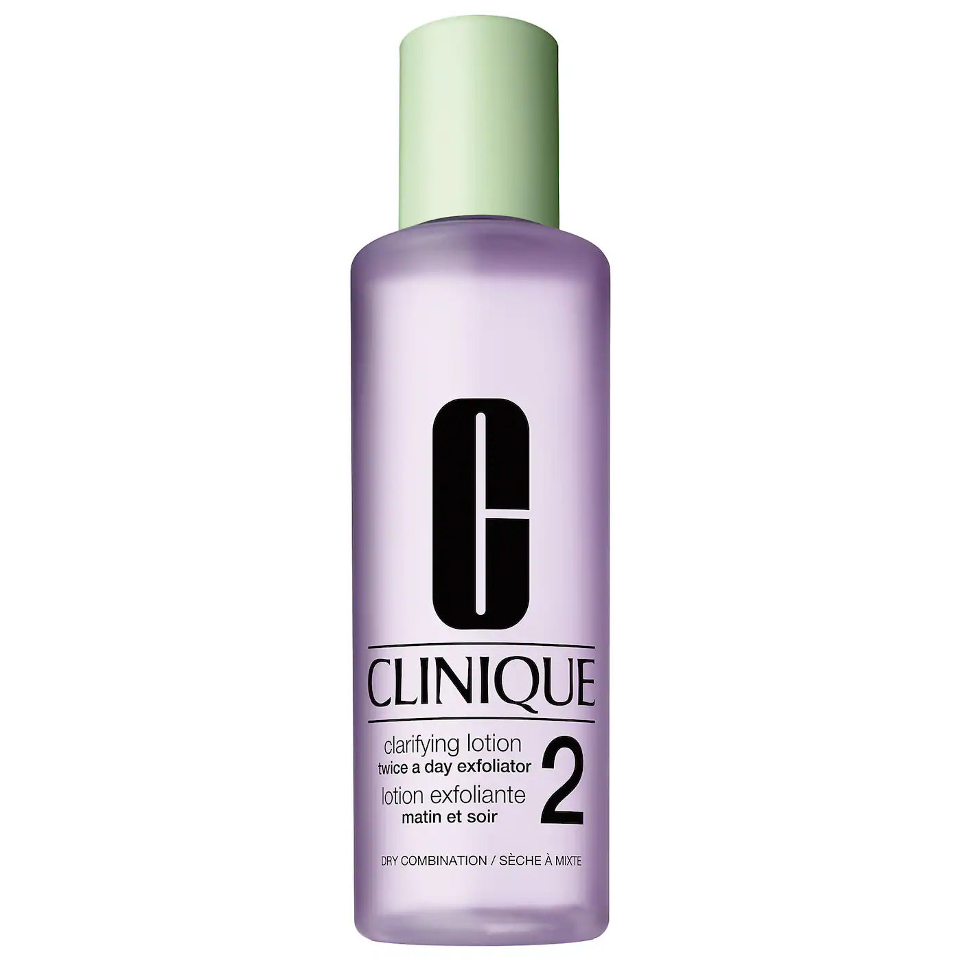 Clinique clarifying lotion bottle, purple with green cap and label