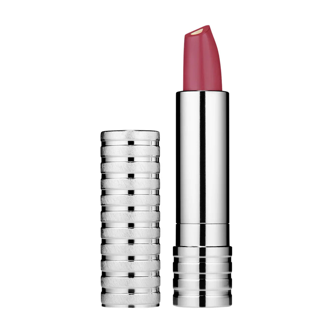 Clinique Dramatically Different lipstick, rose-toned bullet in silver tube with cap.