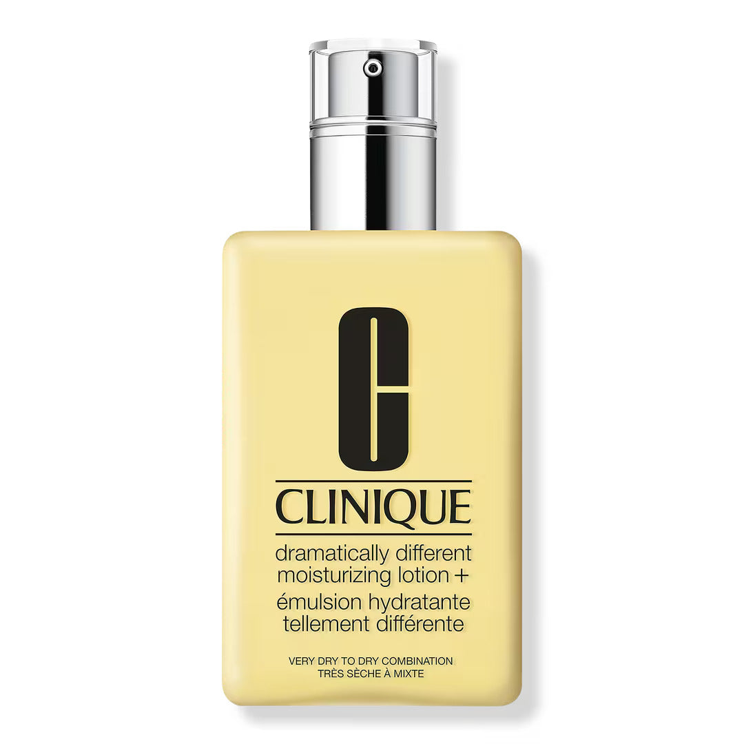 Clinique moisturizing lotion bottle with pump, pale yellow with black label