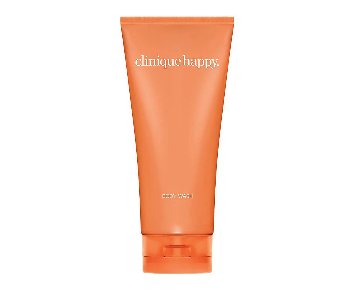 Clinique Happy body wash tube, orange squeeze bottle with label and flip cap