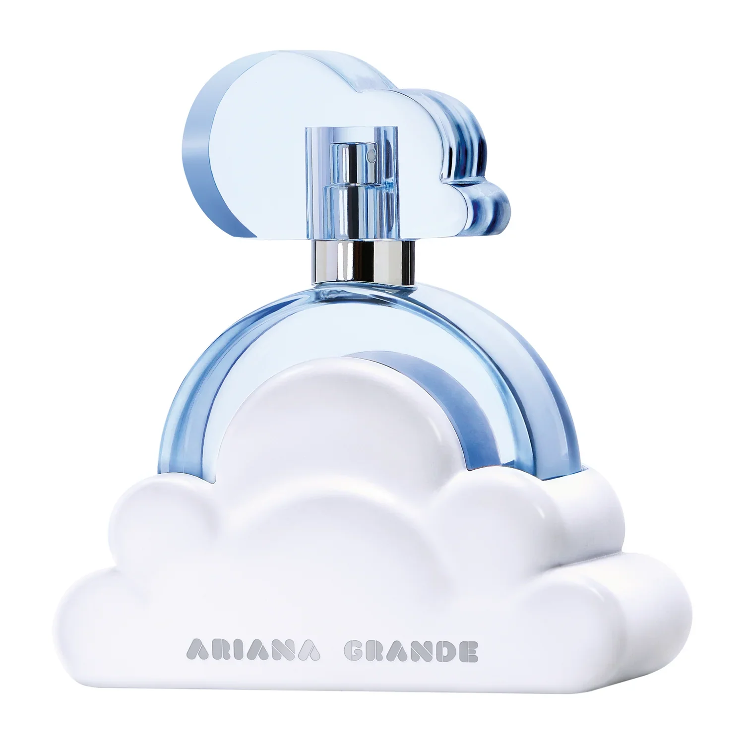Ariana Grande Cloud eau de parfum bottle with light blue glass and white cloud base