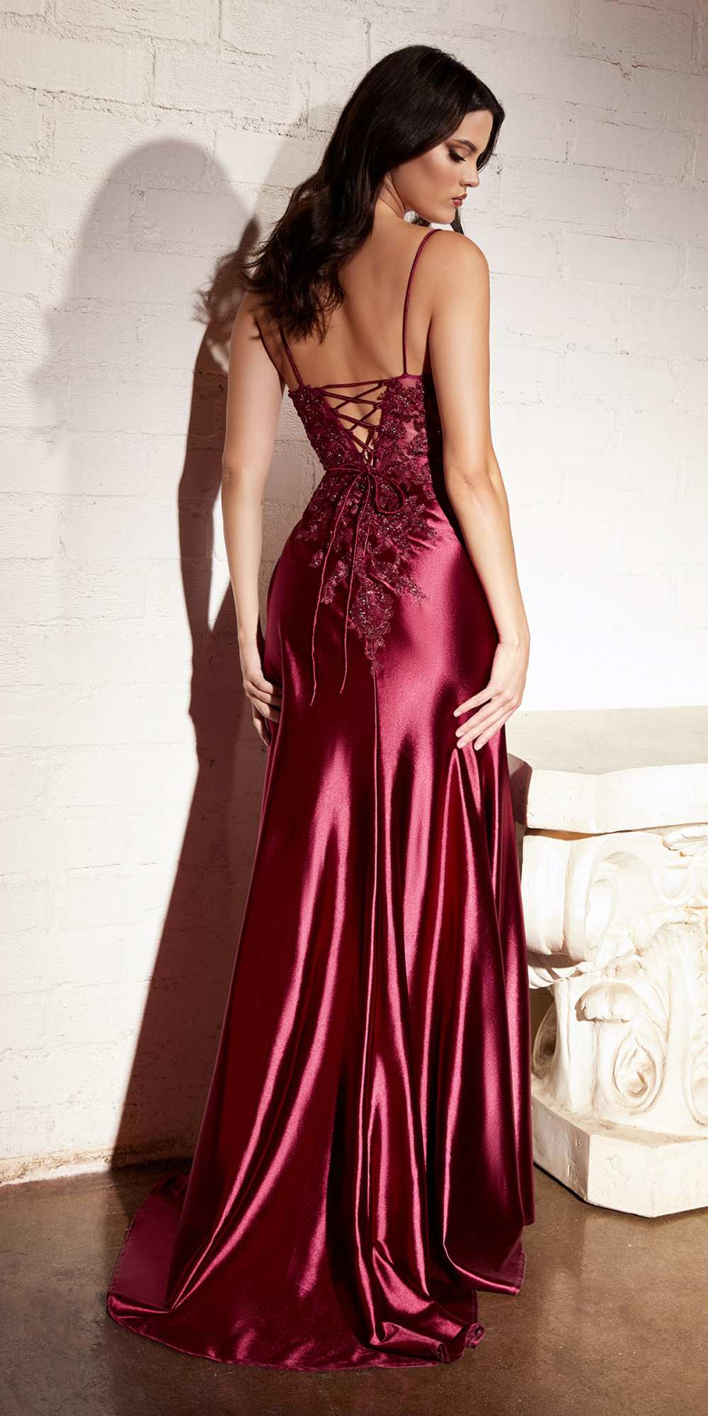 Burgundy lace and satin evening dress with back cutout and leg slit
