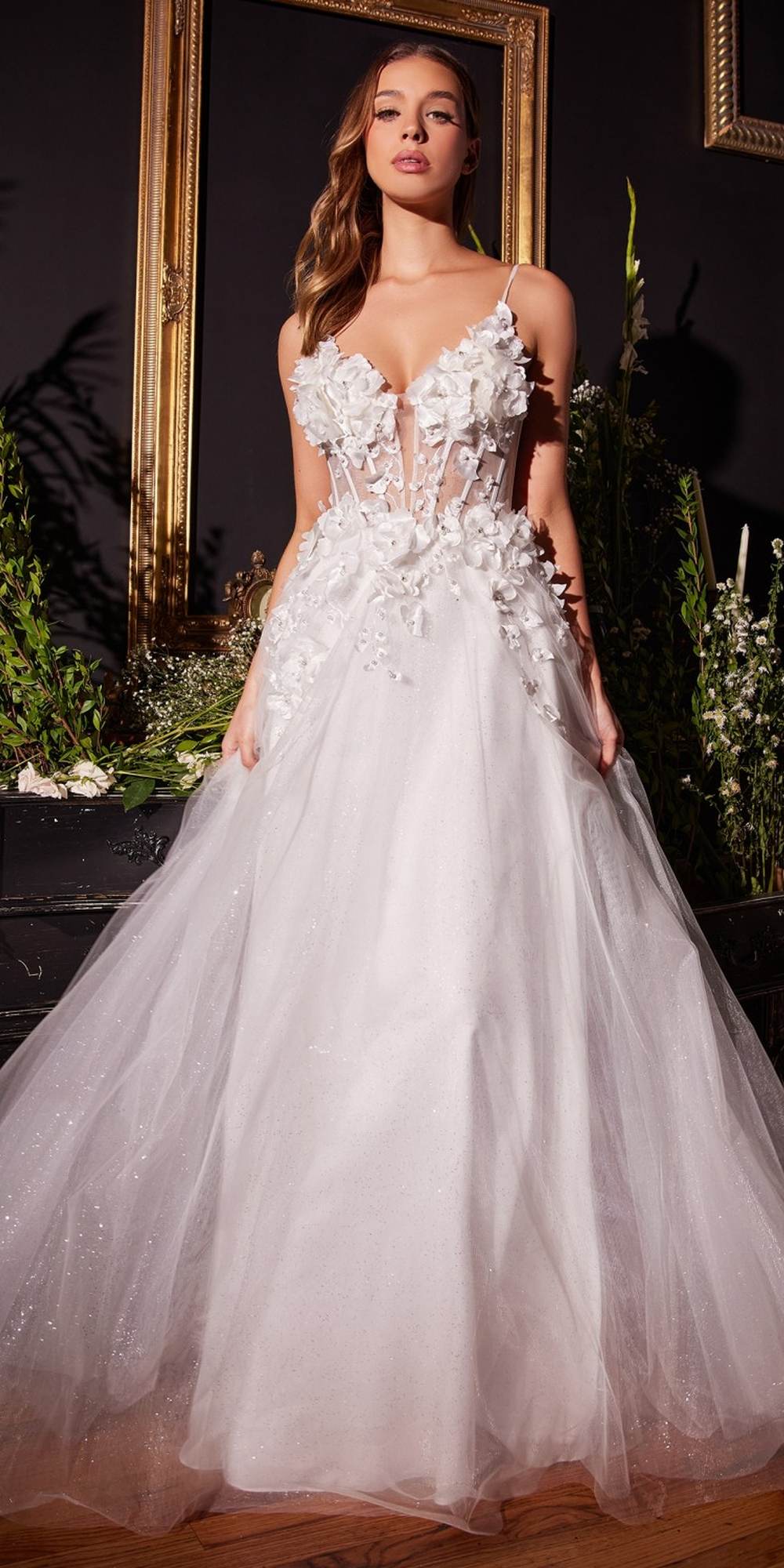 Floral applique tulle bridal gown, off-white A-line skirt and beaded bodice