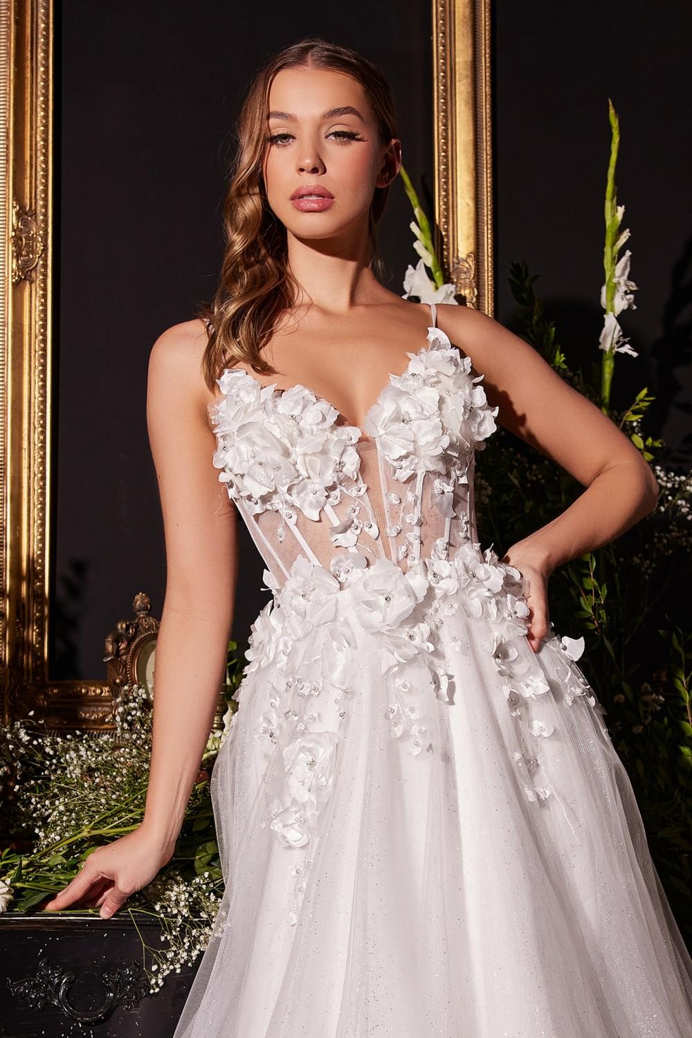 Floral applique bridal gown with wide-strap off-white corset bodice and tulle skirt
