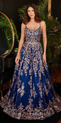 Navy blue and gold glitter floral A-line ball gown with thin spaghetti straps