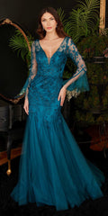 Peacock-blue mermaid gown with V-neck, lace-like texture, and bell sleeves