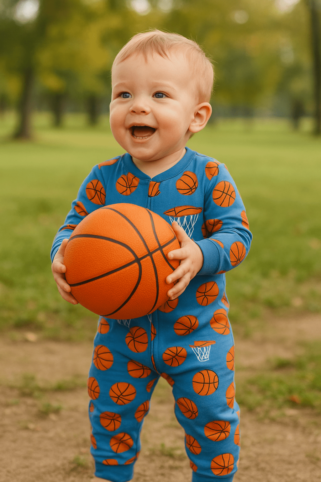 Blue basketball-print convertible romper, long sleeves and footed legs