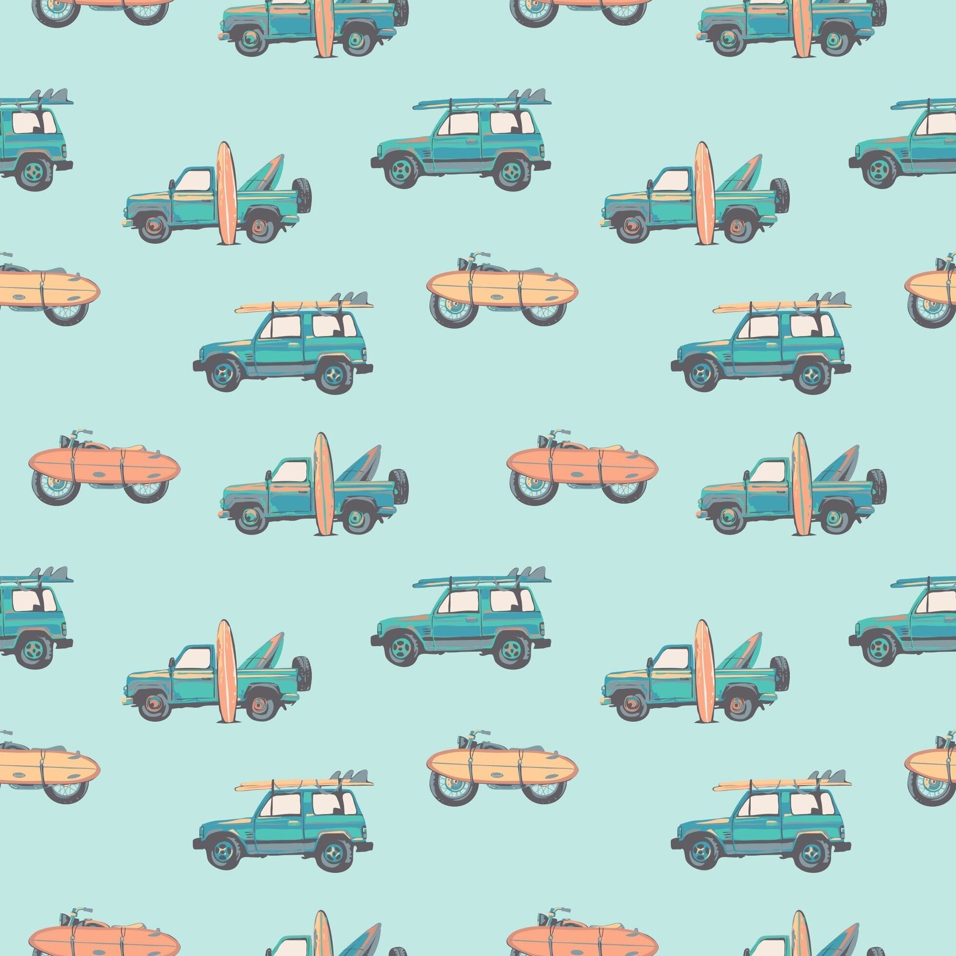 Light blue surf-themed fabric pattern with trucks and surfboards repeat