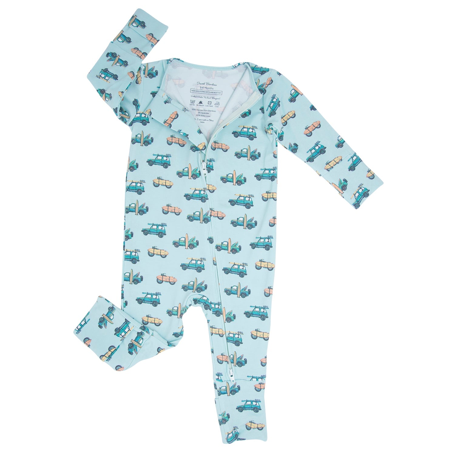 Boys' light blue surf-print romper, long sleeves, snap front, ankle cuffs