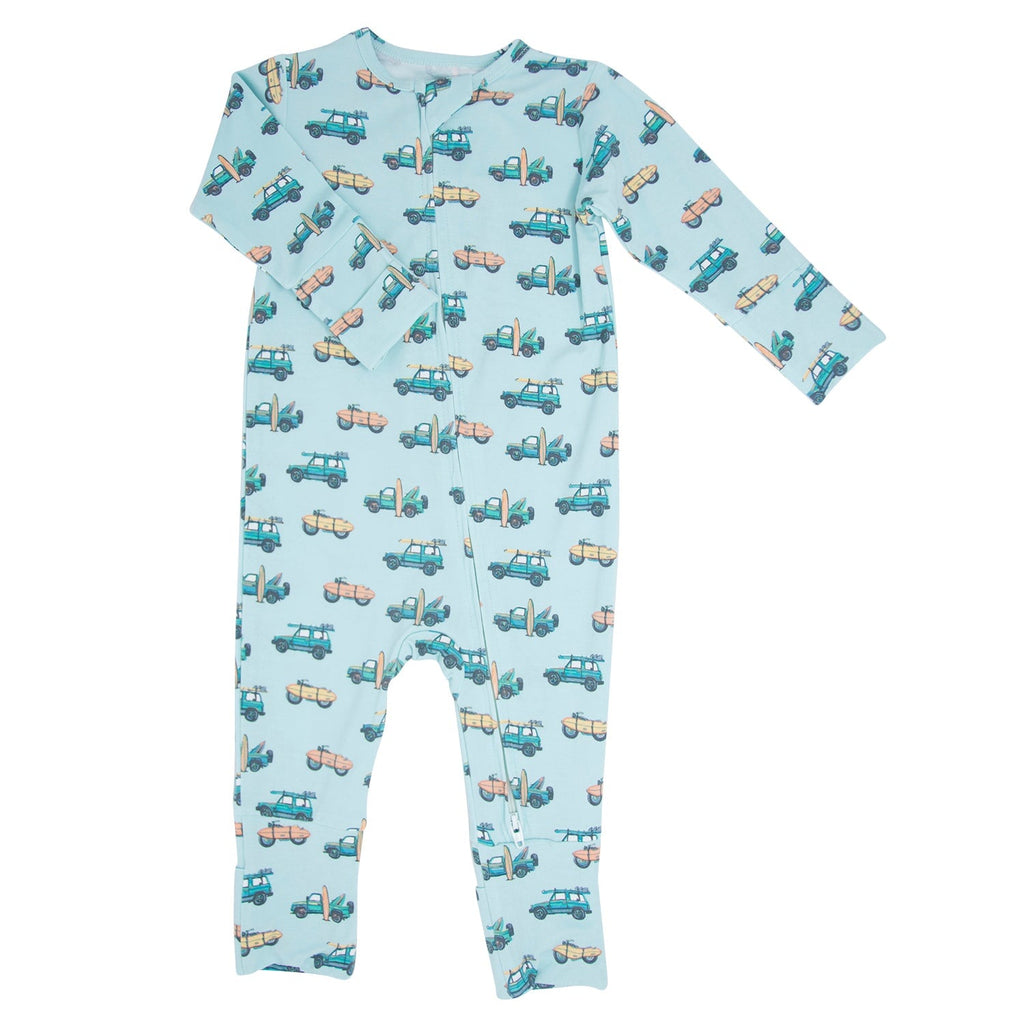 Boys' light blue surf-print romper, long sleeves, snap front, footless leg