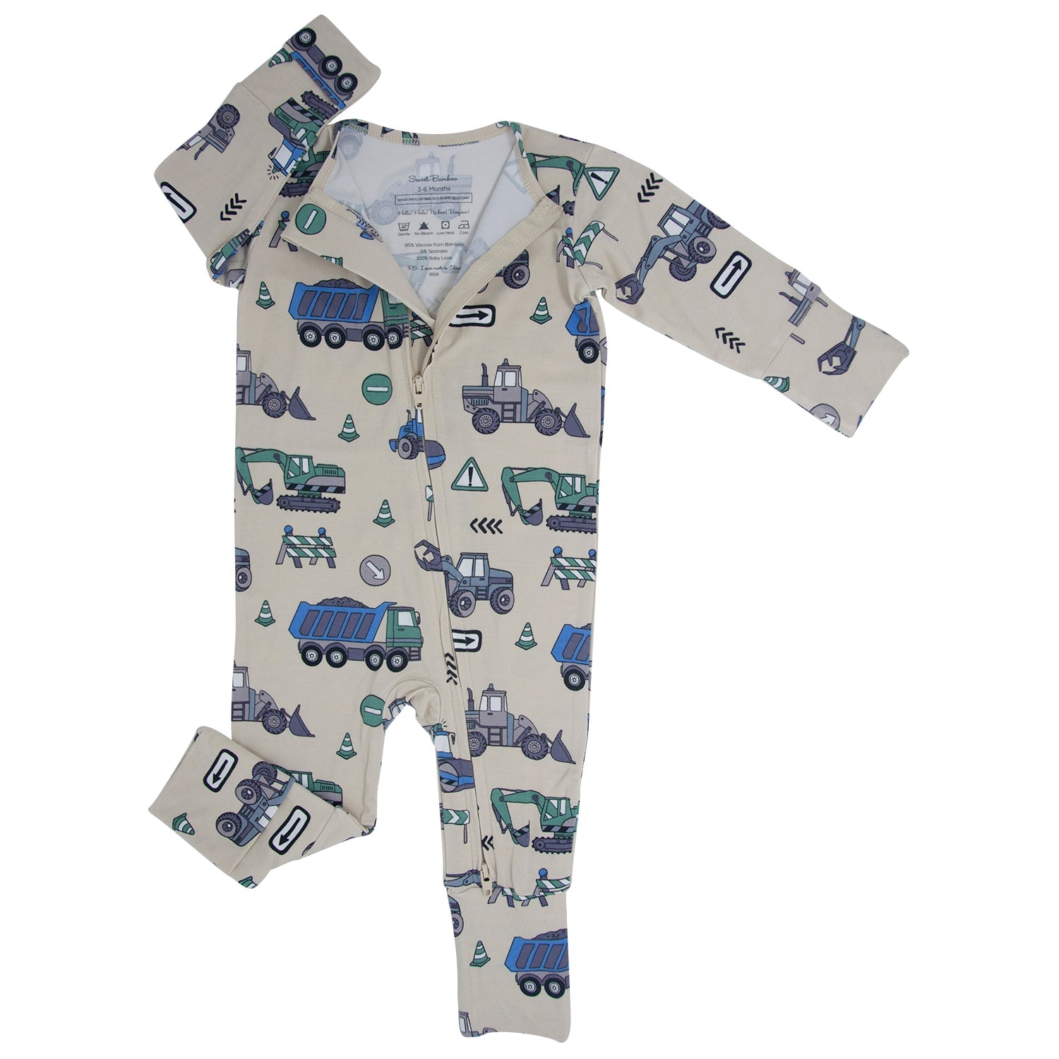 Light gray convertible romper with blue vehicle print, button front and long sleeves