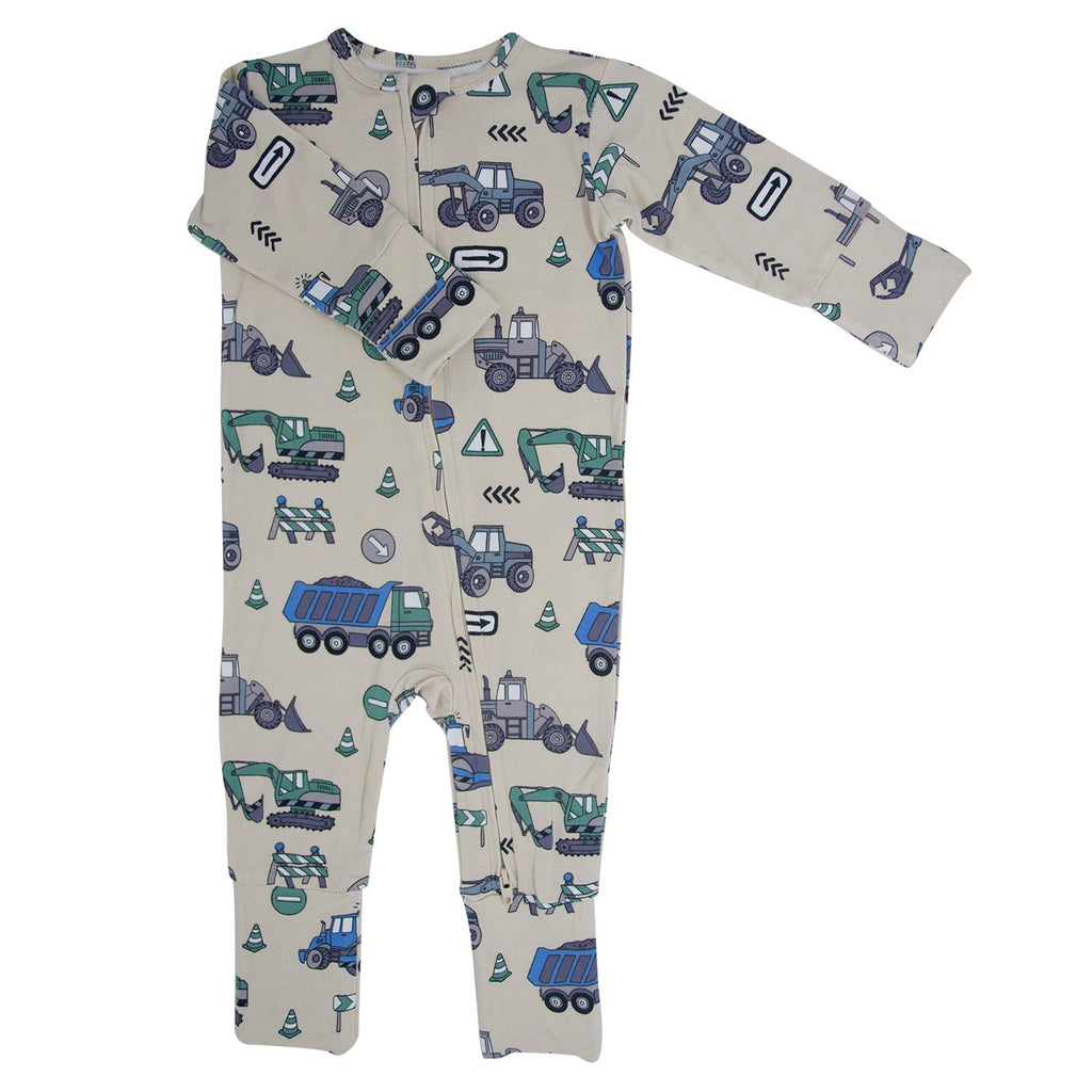 Light gray convertible romper with blue construction trucks and long sleeves
