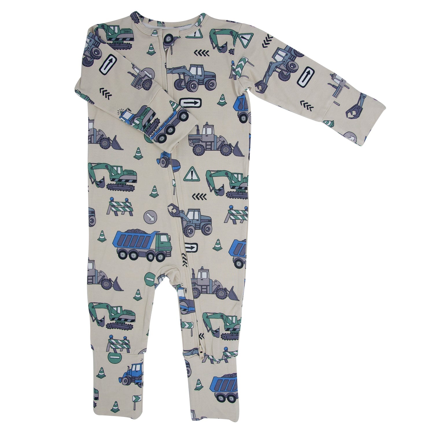Light gray convertible romper with blue construction trucks and long sleeves