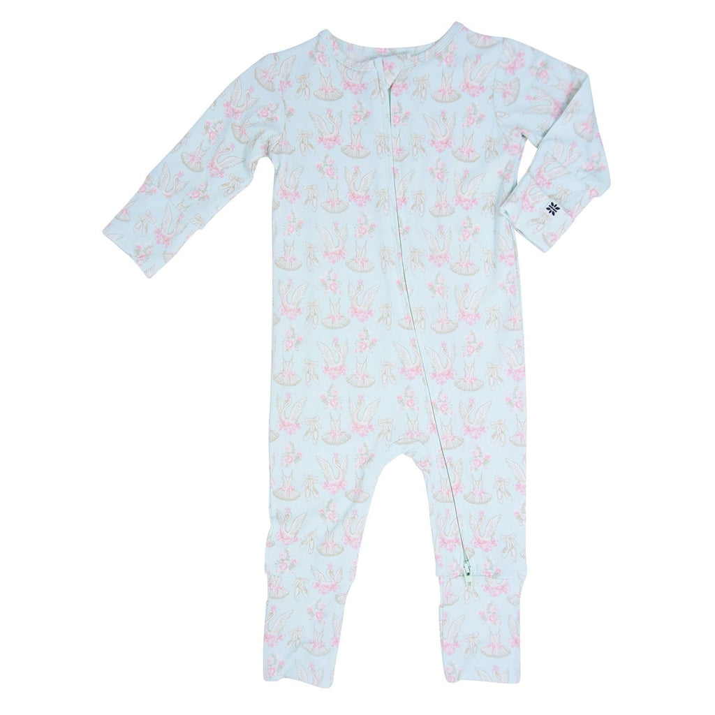Light blue swan-print long-sleeve romper with front snaps and footed legs