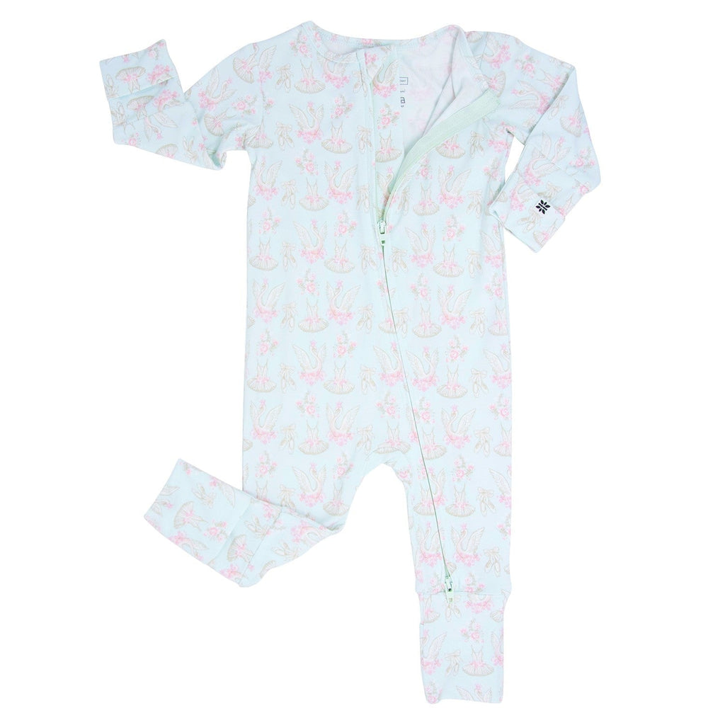 Light blue swan-print long-sleeve footed romper with front snaps, angled view