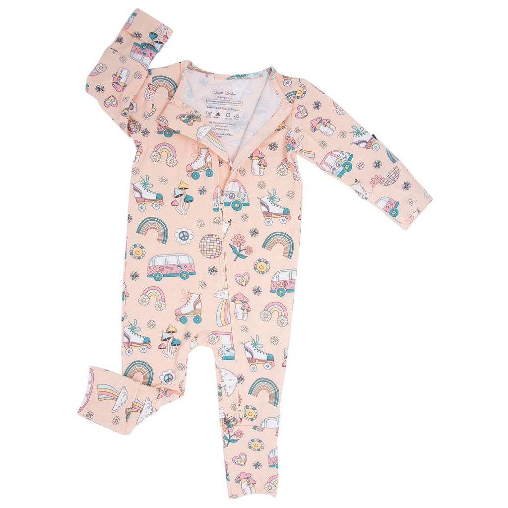 Light pink long-sleeve footed romper with button-front placket and retro vehicle and rainbow print