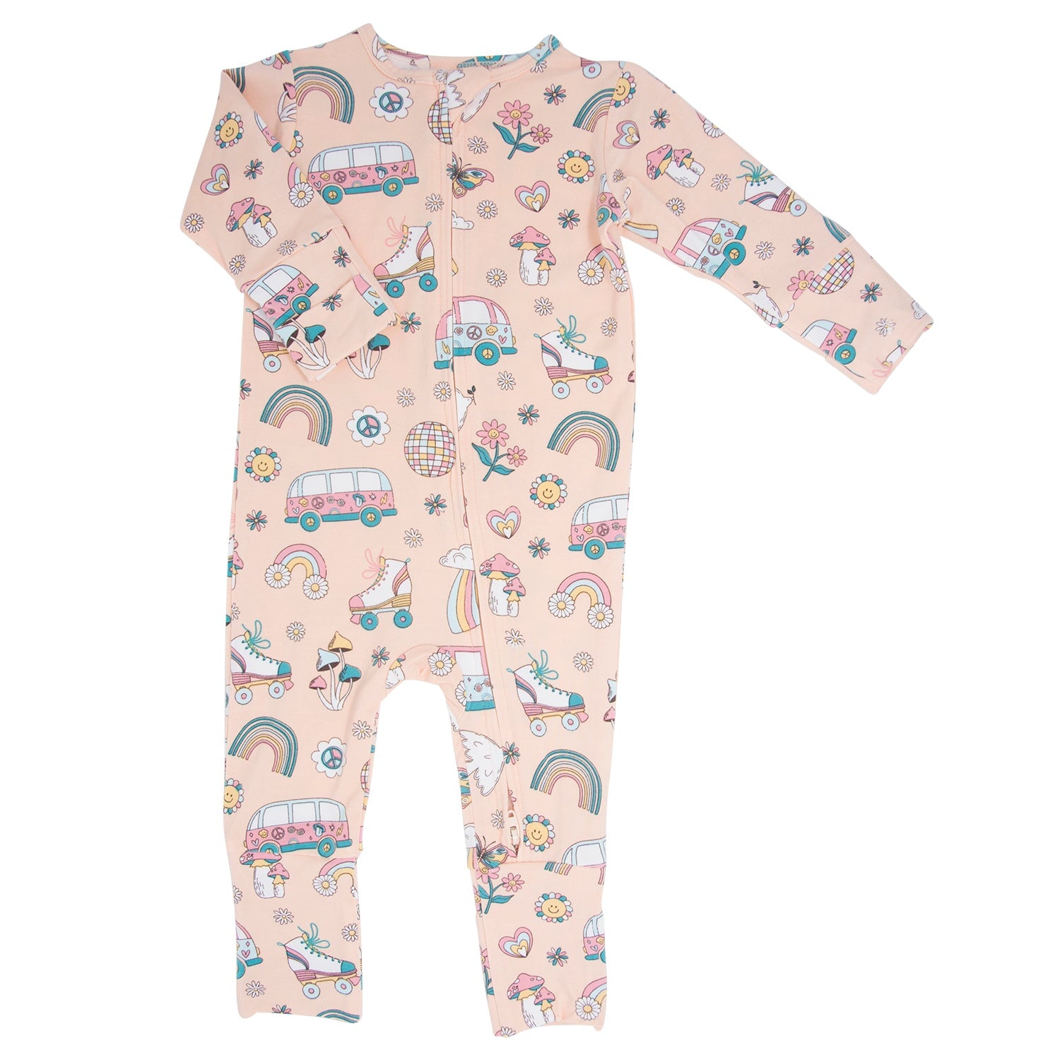 Light pink long-sleeve romper with footed legs; colorful vehicle, rainbow, and flower print