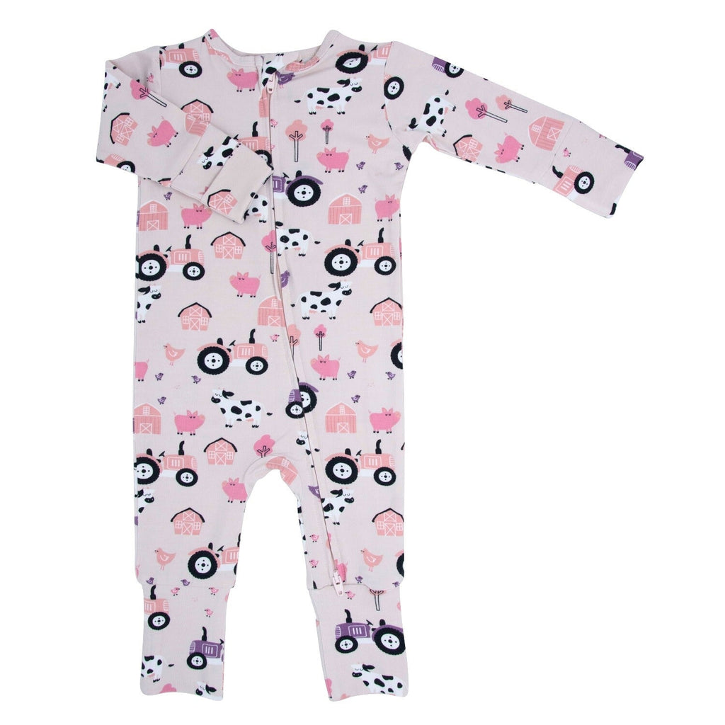 Baby girl farm print romper in light pink/white, long sleeves, full-foot legs